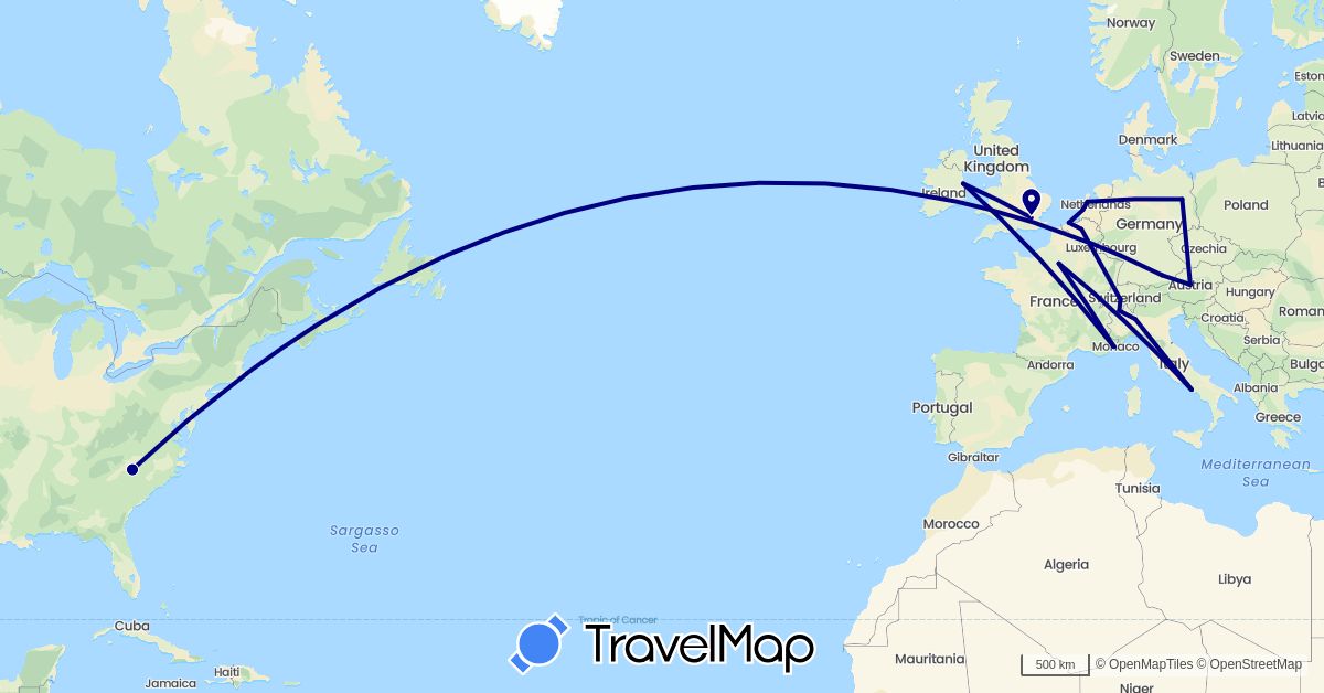 TravelMap itinerary: driving in Austria, Belgium, Switzerland, Germany, France, United Kingdom, Ireland, Italy, Netherlands, United States (Europe, North America)
